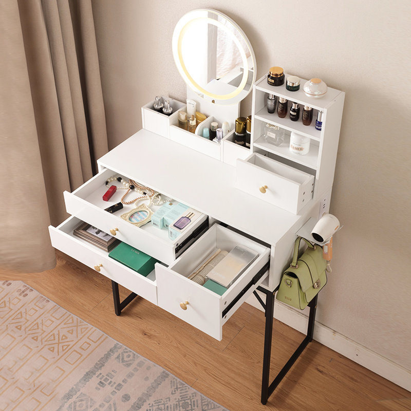 Meuble-lavabo blanc avec miroir lumineux, prise de courant, 4 armoires de rangement pour 4 tiroirs modernes