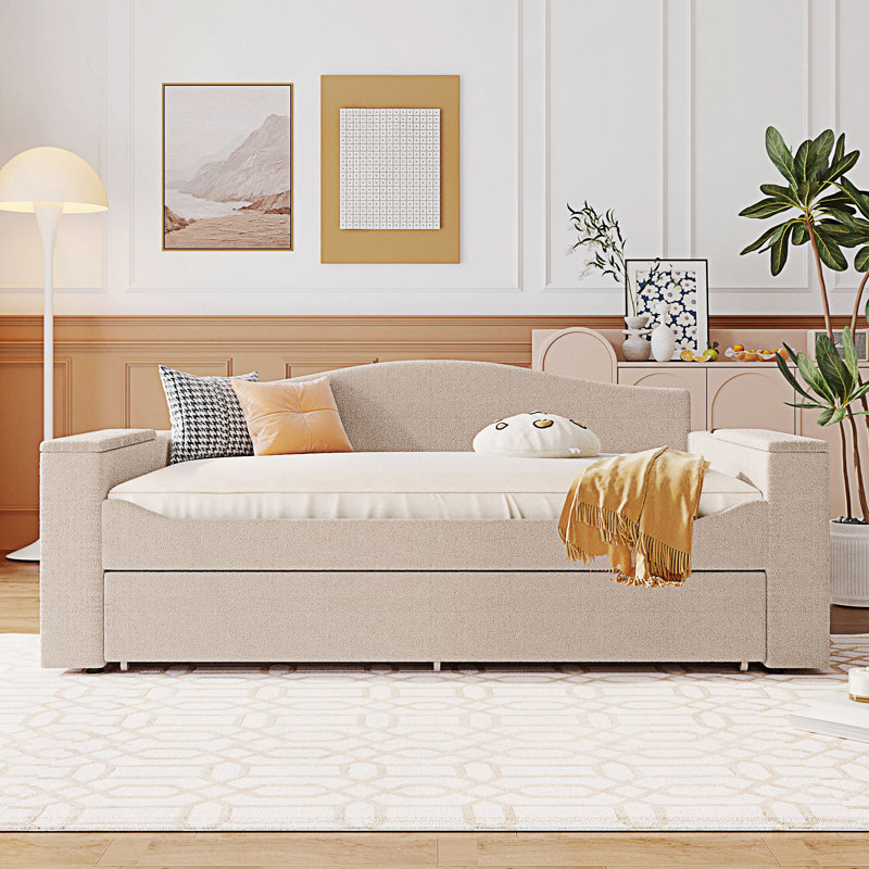 Full Size Upholstered Daybed With Storage Armrests, Trundle And Latest Integrated Bluetooth Audio System, Day Bed, Beige