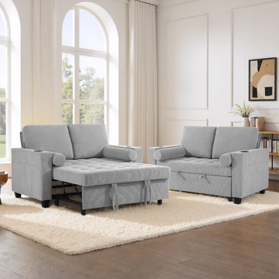 Upholstered Light Gray Corduroy Tufted Convertible Pull-Out  Multi-Functional Sleeper Sofa Bed - Adjustable Backrest With 2 Soft Pillows, USB Outlet and  Cup Holder (Set of 2)