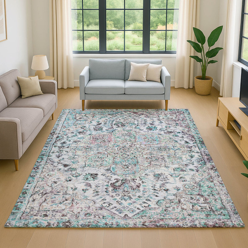 Premium Machine Washable Mayfield AMF2138 global Rug, Sky, 5' x 7'6"