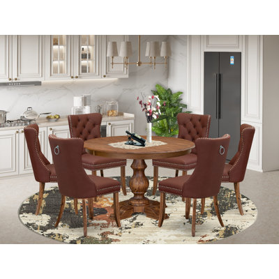 7-Pc Kitchen Table Set Include a Modern Table and 6 Burgundy Polyester Fabric Parson Dining Chairs with Button-Tufted Back, Antique Walnut