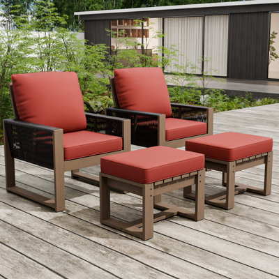 Ensemble de meubles de conversation pour patio 4 pièces, cadre en bois de cèdre massif avec coussin, repose-pieds