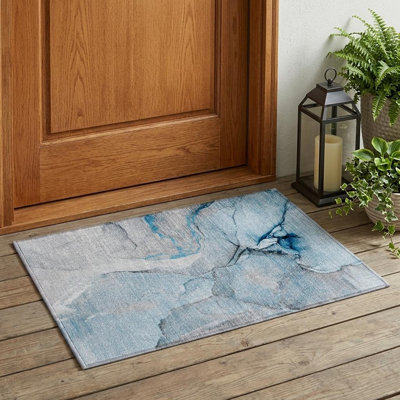 Tapis extérieur lavable antidérapant 2 pi x 3 pi bleu et ivoire