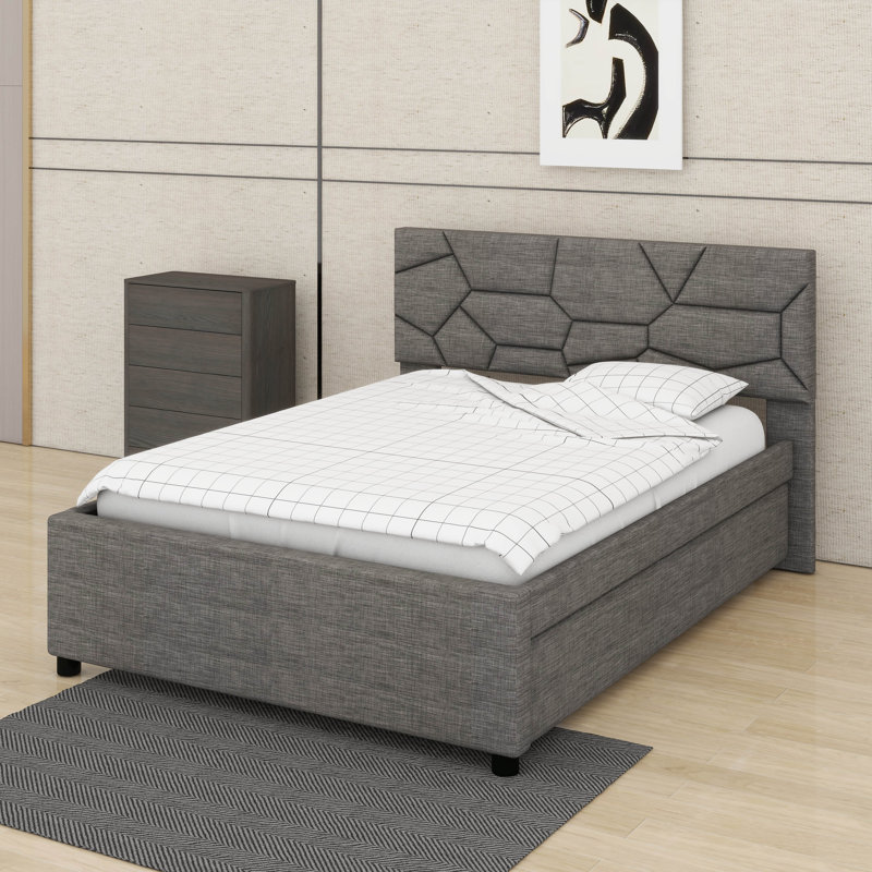 Lit plateforme tapissier avec tête de lit et lit gigogne à motif brique, Grey