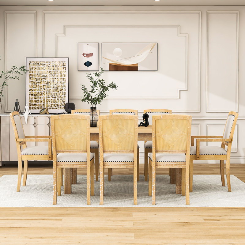 Rokiatou 9-Piece Dining Set,Removable Leaf Table with Wood Chairs, Natural, Natural Gray