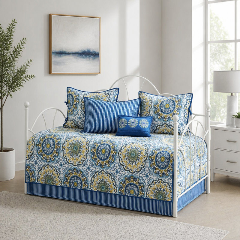 Ensemble de housse de lit de jour réversible à imprimé médaillon 6 pièces avec taies décoratives et coussin décoratif
