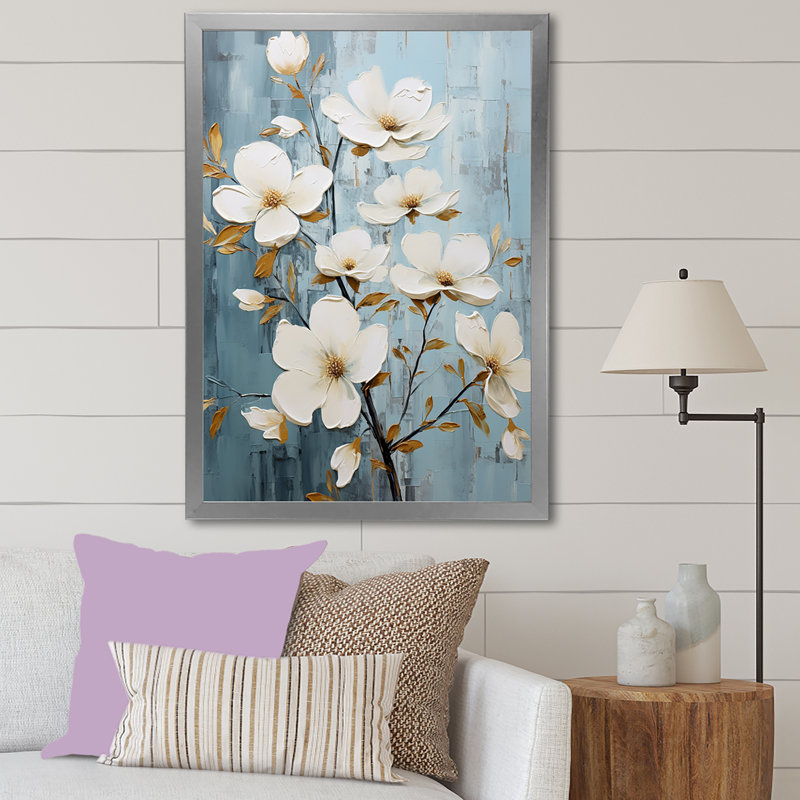 Paix bleue et blanche - impression, Cadre simple argenté, H 44 po x l 34 po x P 1,5 po