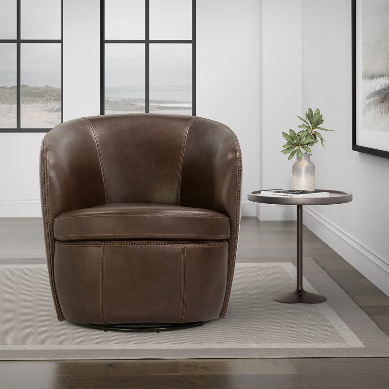 Crandell Top Grain 100% Genuine Italian Leather Swivel Barrel Chair, Vintage Brown Pebbled Genuine Leather