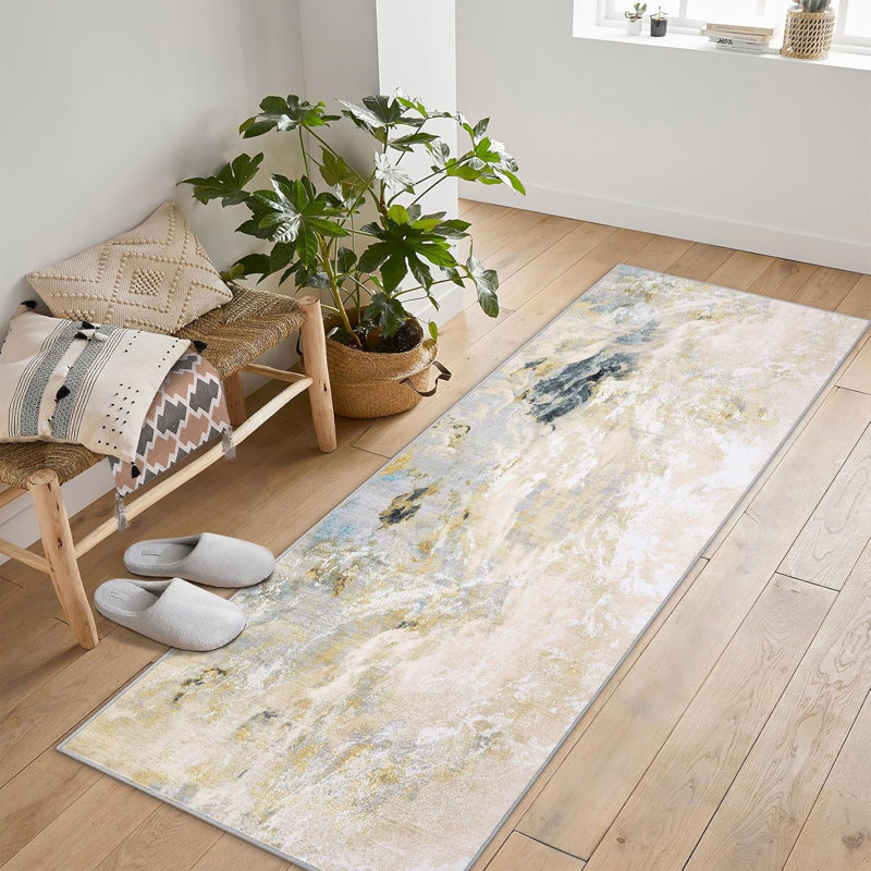 Machine Washable Non-Slip Rubberback Runner Modern Abstract Geometric Print Carpet Traditional Area Rug for HallwayBedroomLiving Room2x6Gold