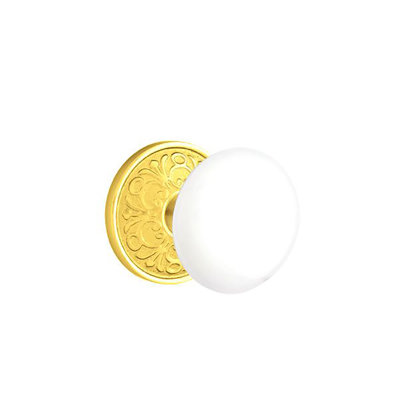 Ensemble de faux boutons Emtek avec rosette Lancaster et bouton en porcelaine blanc glacé