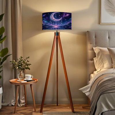  Lampe trépied sur pied en forme de croissant de lune avec étoiles et cristaux réfléchissants lac réfléchissant à DEL avec pieds en bois de hêtre et abat-jour en lin amovible pour le salon et la chambre à coucher