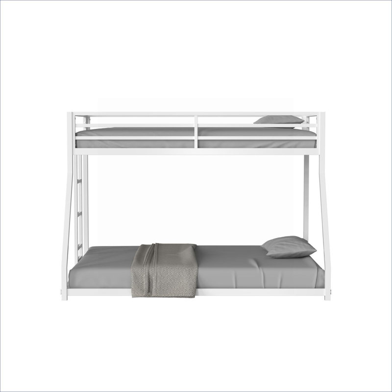Metal-Constructed Classic Twin Over Full Bunk Bed Platform, Interchangeable Stable Ladder, No Box Spring Required, White Finish