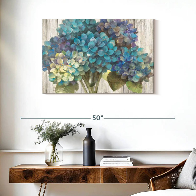 Harnek Turquoise Hydrangea On Barn Board, 24" H x 36" W