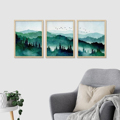 «Woodland Forest Landscape» IDÉE4WALL, art mural encadré vert forêt montagnarde, ensemble de 3 impressions murales aquarelle bleu sarcelle, décoration murale nature sauvage pour salon, chambre à coucher, 3 pièces