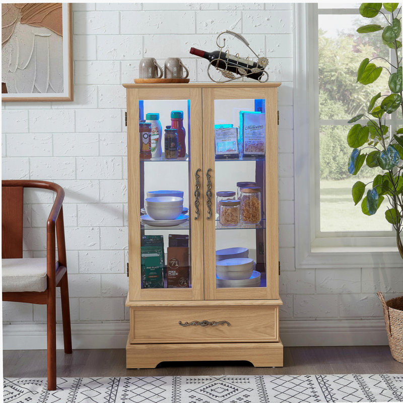 Vitrine lumineuse en verre avec tablettes réglables - 2 portes, 1 tiroir, lumières DEL, finition chêne clair élégant