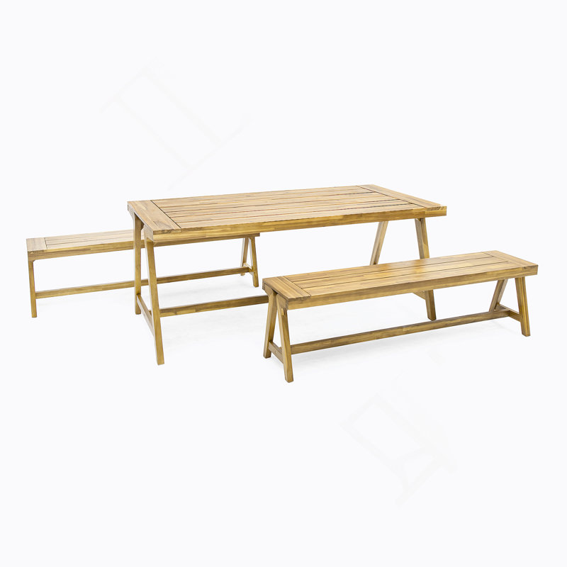 Ensemble de table de pique-nique d'extérieur 3 pièces, ensemble de salle à manger de patio contemporain en bois d'acacia avec bancs - toutes saisons et compact pour balcon, terrasse, camping