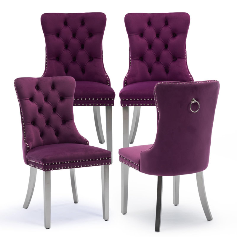 Chaises de salle à manger, chaise de salle à manger rembourrée haut de gamme avec anneau clouté, Argent, 4