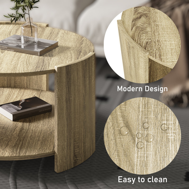 Light Brown Round Wood Coffee Table with 2-Tier Storage