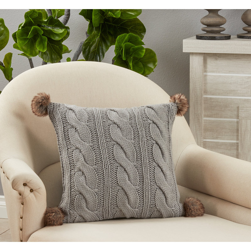 Gray Cable Knit Square Throw Pillow with Pom-Poms