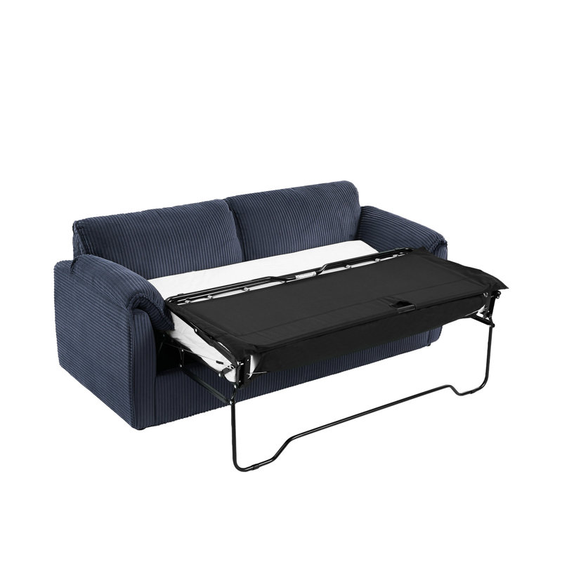 Lit escamotable 3 places en velours côtelé bleu, avec coussins d'assise moelleux