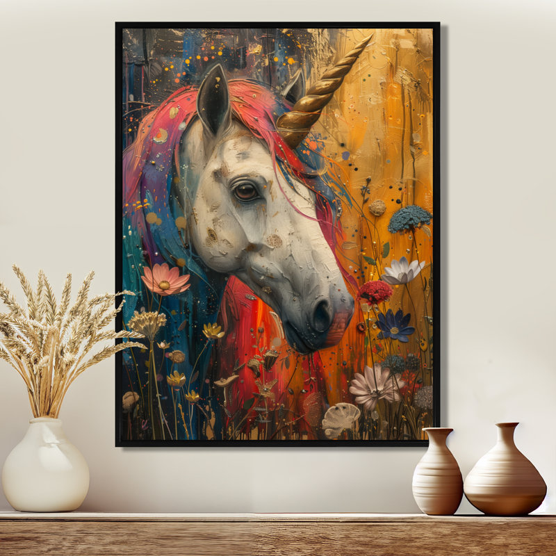 Blanc, rose, pays des merveilles, licornes II - licornes, art mural, salon, Cadre flottant noir, bois massif