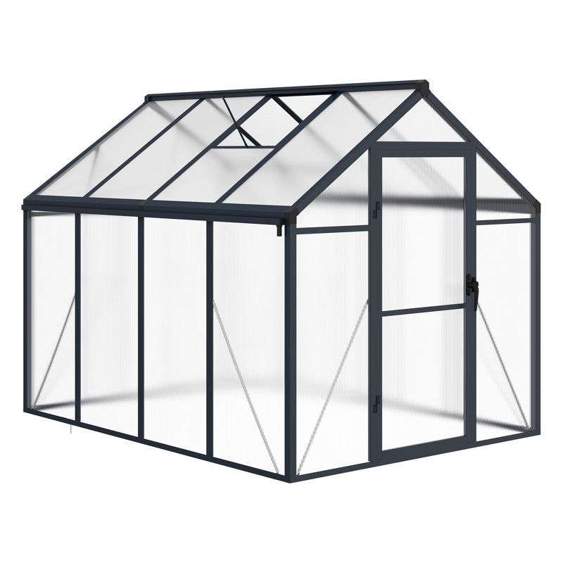 6x8 ft Polycarbonate Greenhouse Upgraded handle model - Heavy-Duty Aluminum Walk-in Garden House with Roof Vent & Lockable Sliding Door - UV Protection & Snow Load Resistant - Integrated Drainage for Backyard, Patio, Lawn, Gray