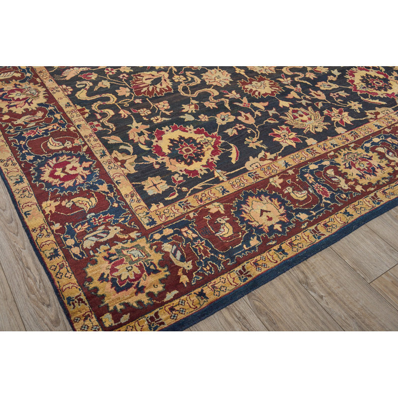 Handmade Black Floral Wool 10' x 14' Area Rug