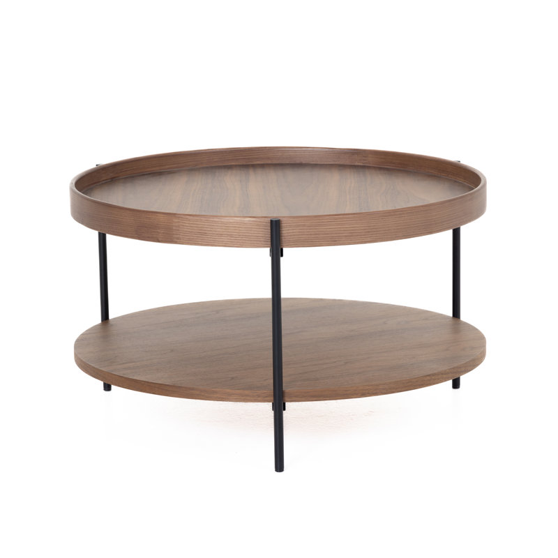 Walnut Round Solid Wood Coffee Table with Metal Legs and Storage