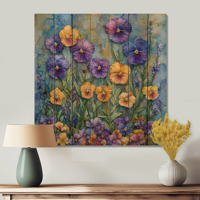 Wild Pansy Patch At The Farm I - Pansies Wood Print - On Natural Pine Wood