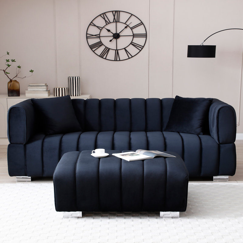 Canapé en velours avec repose-pieds Luna, Noir, noir, noir, noir