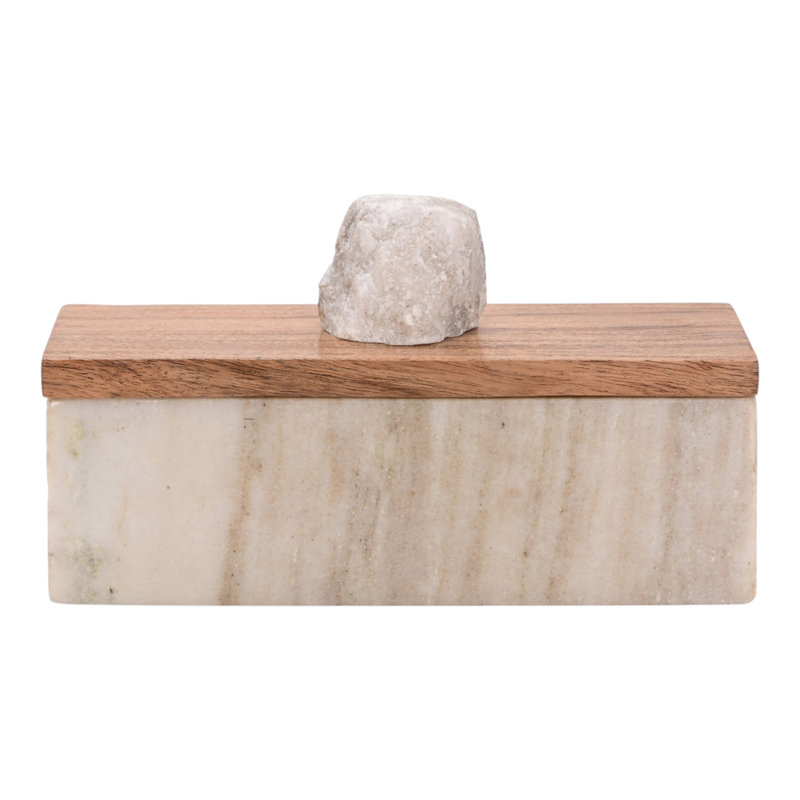 Boîte décorative rectangulaire en bois avec couvercle et plateau en pierre, style contemporain - Idéale pour ranger vos souvenirs dans une entrée - 20 cm, gris et brun