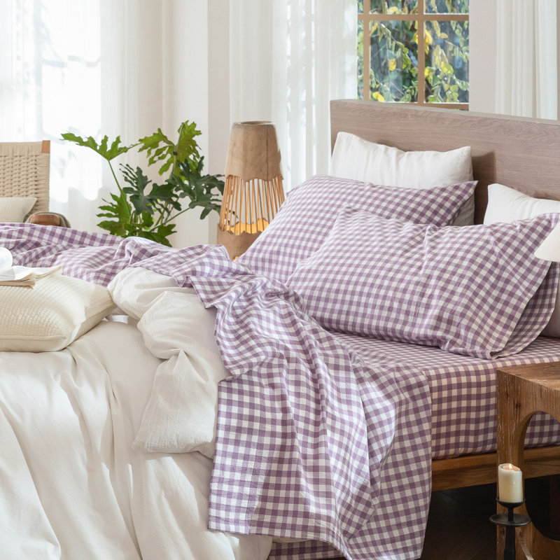 Ensemble de draps 100% coton lavé MooMee, Ensemble de draps pour grand lit avec 2 taies d'or, Mauve clair