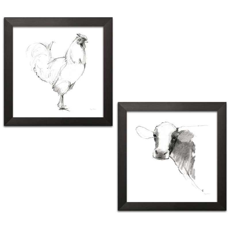 « coq & cow », ensemble de 2 reproductions de dessins, H 12 po x l 12 po x P 1,5 po, Papier avec cadre noir