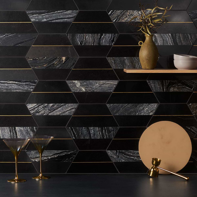 Margo 9" Hexagon Marble and Brass Mosaic Tile, Black/Gold