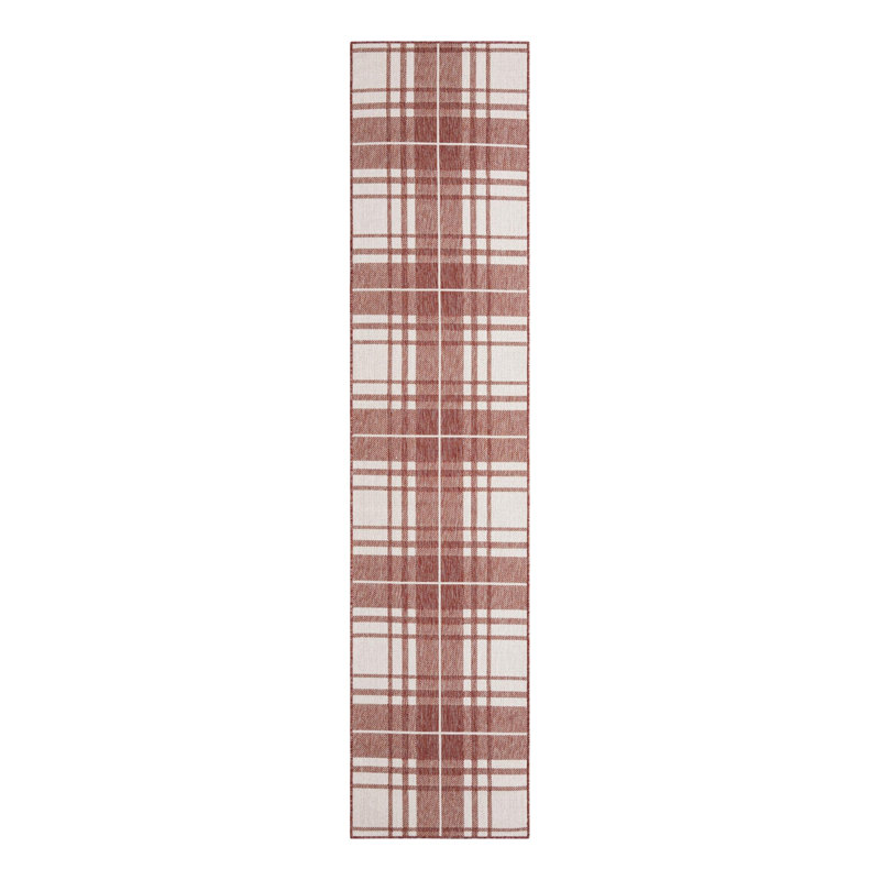Tereon Plaid Machine Made Power Loom Polypropylene Plastic Indoor/Outdoor Area Rug in Red/White, Runner 2'7" x 12'