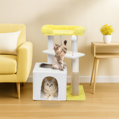 27.5 Yellow & Whiten Multi-Level Cat Tower With Cat Scratching Post And Pad