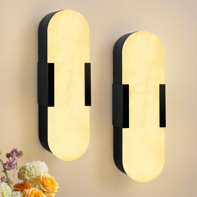 13.8" Modern Black Wall Sconces Set of 2 with Natural Marble, Indoor Wall Lighting for Bathroom, Living Room, Bedroom, Hallway and Stairway