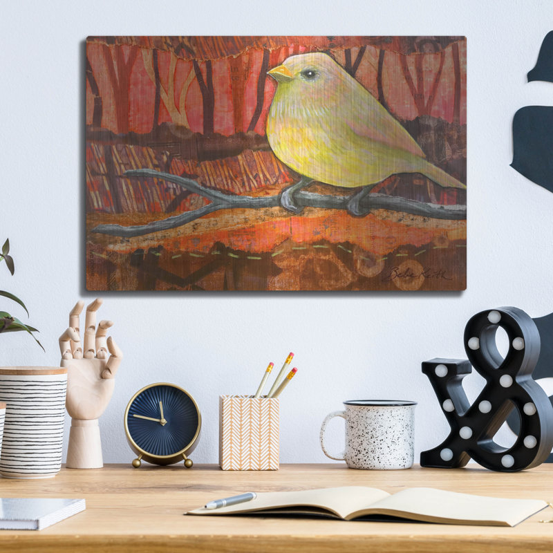Art mural en métal luxueux «Yellow Bird» par Bebe Keith, 16 po x 12 po