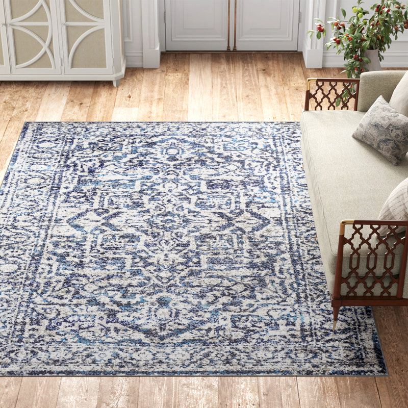 Tapis oriental bleu marine tissé au métier mécanique Ingrid, Rectangle 7 pi 10 po x 10 pi 3 po