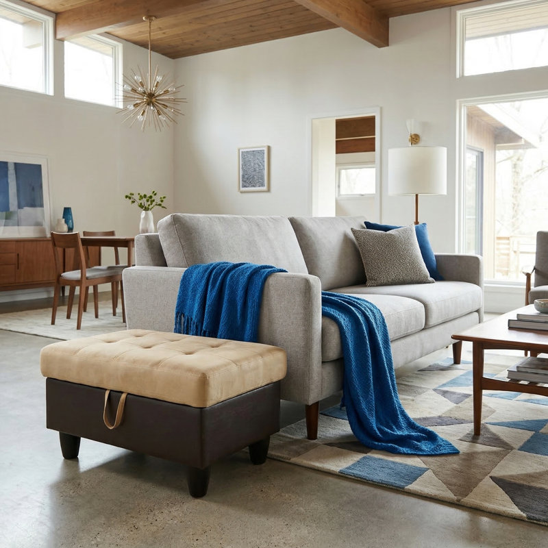 Beige & Brown Storage Ottoman | Flannel + Faux Leather | X-stitching | Solid Wood Frame