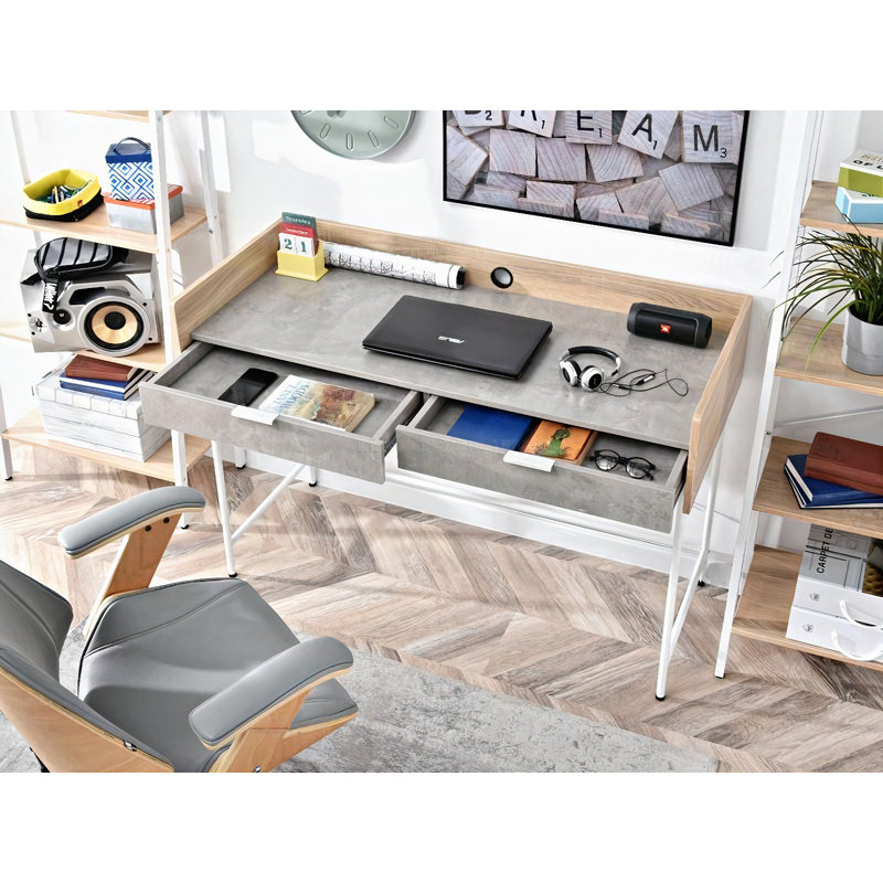 Dawnette Metal Base Writing Desk, White, Grey/Oak