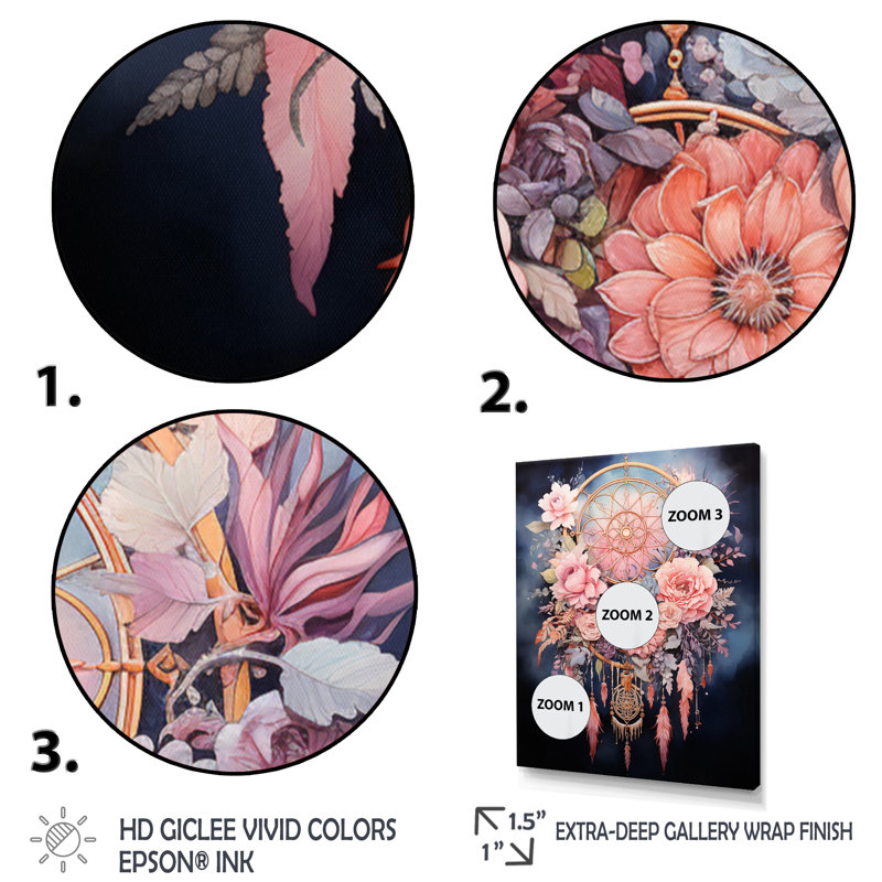 «Weires Pink Dreamcatcher Dusks Embrace», reproduction sur toile, H 32 po x l 16 po x P 1 po, Cadre flottant doré