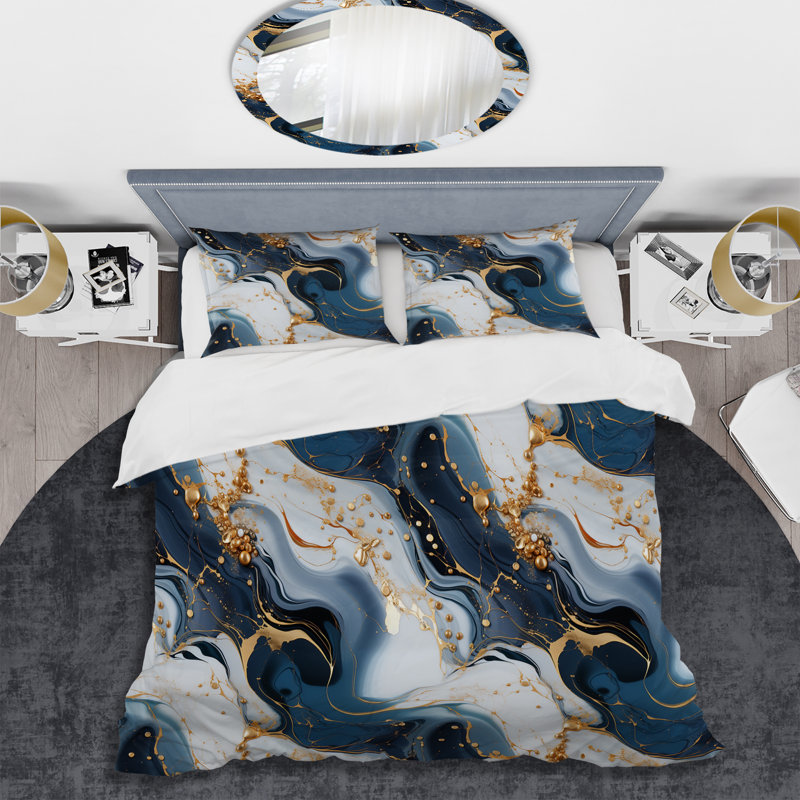 Twin Blue and Gold Marble Pattern Duvet Cover Set