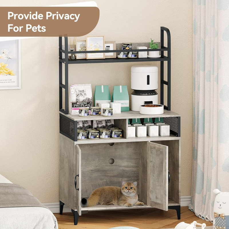 Gray MDF and Iron Cat Litter Box Enclosure with Shelves