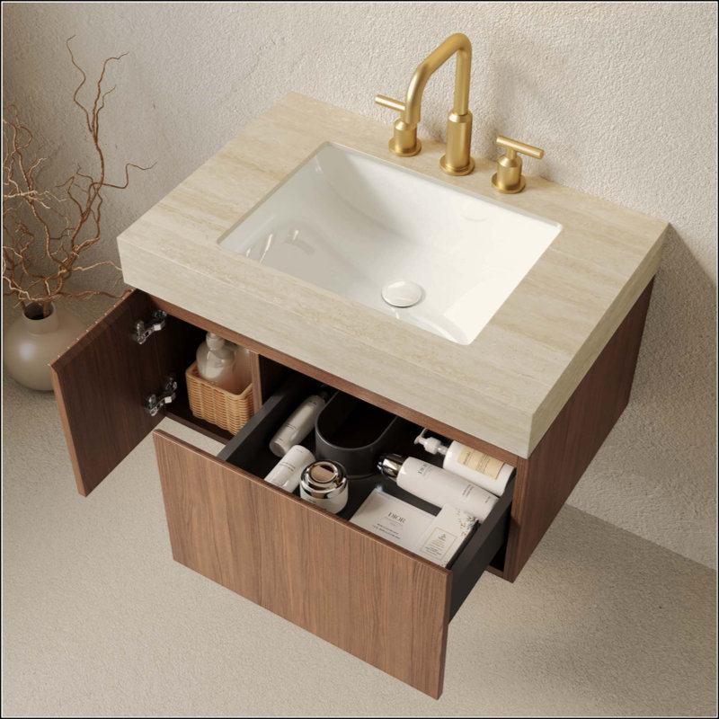 Meuble-lavabo de salle de bain, meuble de rangement flottant en contreplaqué avec tiroir et porte, comptoir en pierre frittée Roma Travertine et lavabo en céramique avec 3 trous de robinet pré-percés, pré-assemblé