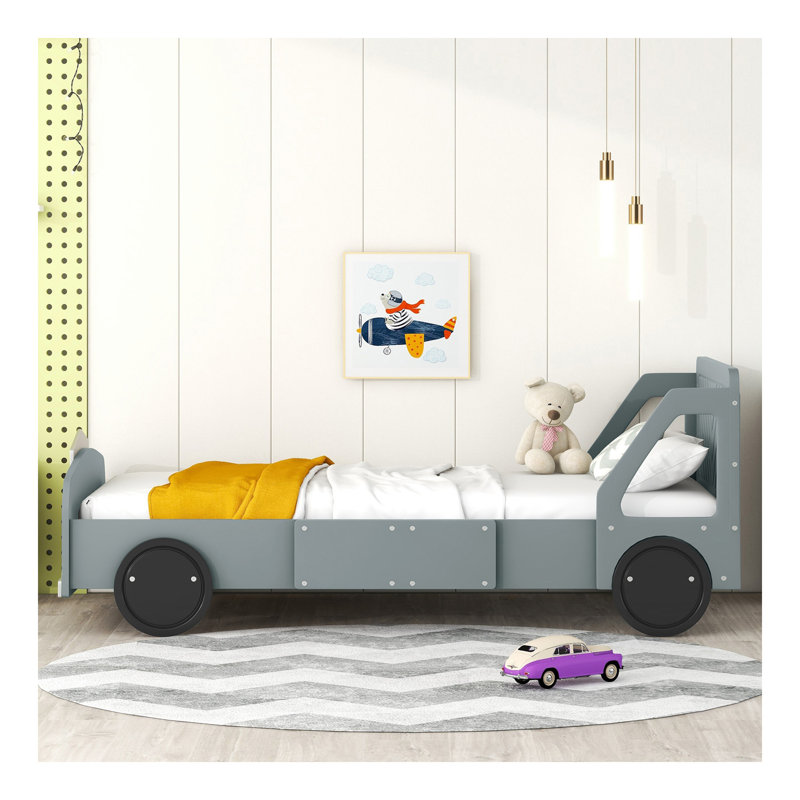 Lit plateforme simple en forme de voiture avec roulettes, gris, Gris, Lit simple