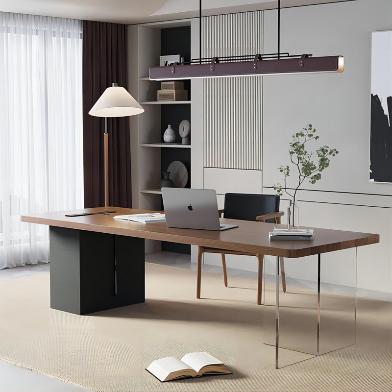 Bureau d'écriture rectangulaire brun en bois massif, H 29,53 po x l 86,61 po x P 31,5 po