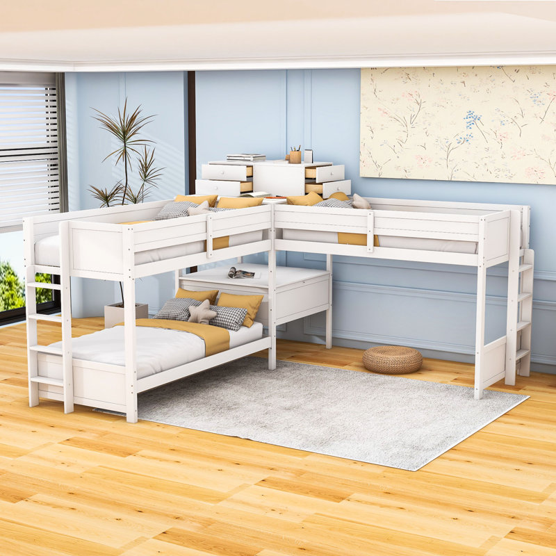L-Shaped Bunk Bed with Built-In Desk, 4 Drawers, USB Ports and Power Outlet, White