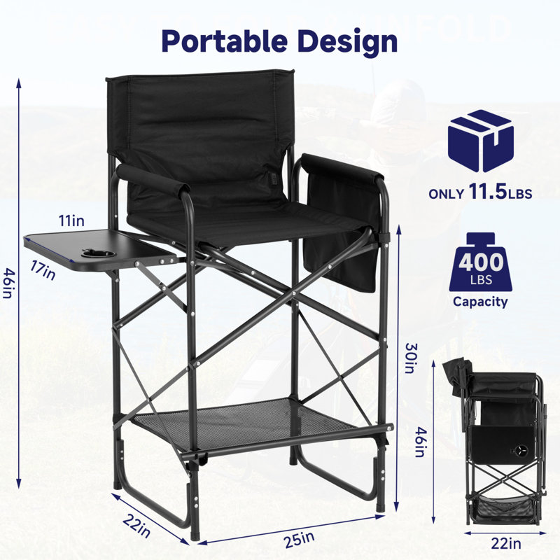 Tall Heated Directors Chair, 400lb Folding Camping Chair with Cup Holder, Side Pockets & Footrest
