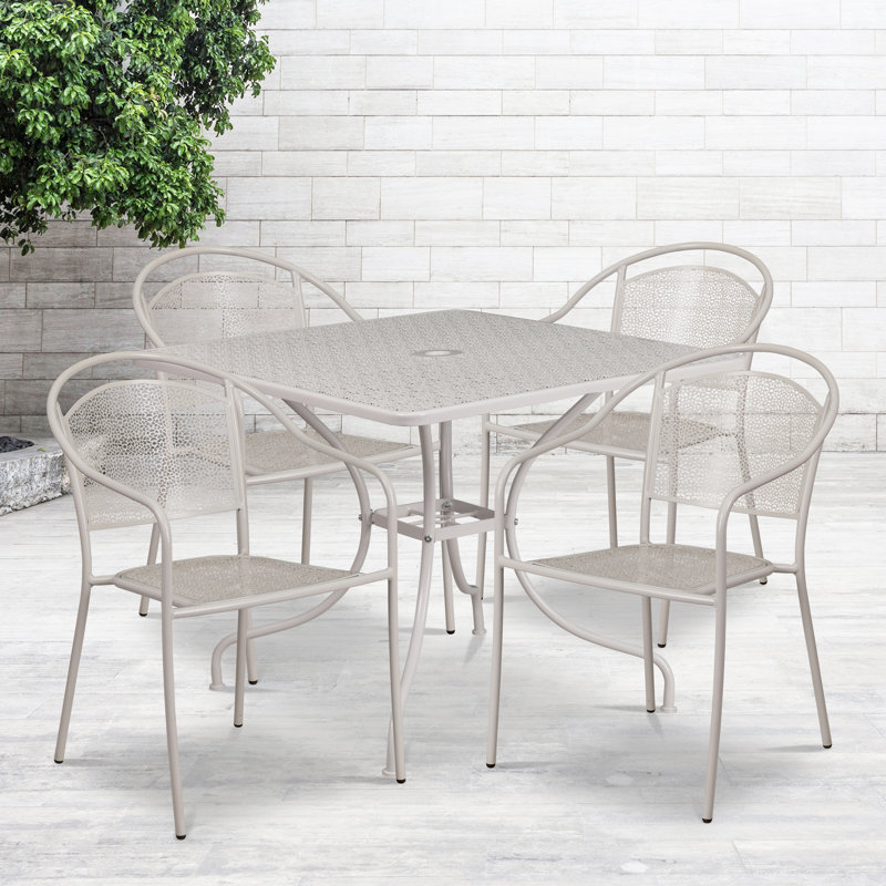 Chanea 35.5" Square Commercial Grade Steel Patio Table with 4 Round Back Chairs by Flash Furniture, Light Gray